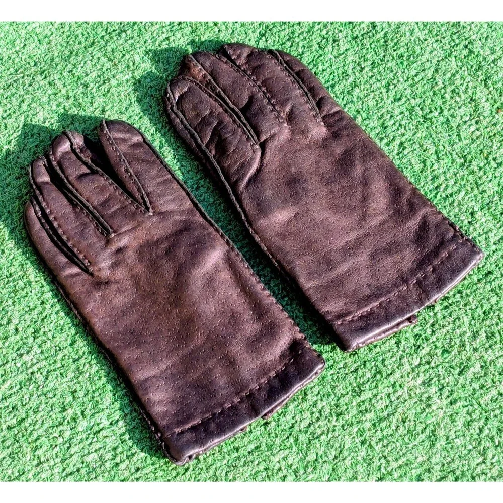 Vintage Brown Chocolate Leather Adult Small Lined w/Wrist Snap Gloves Pair EUC